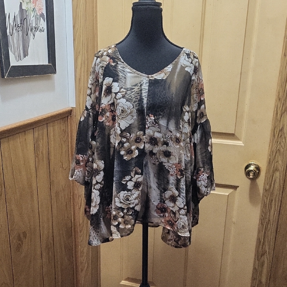 Floral Chiffon Blouse - Black and Brown